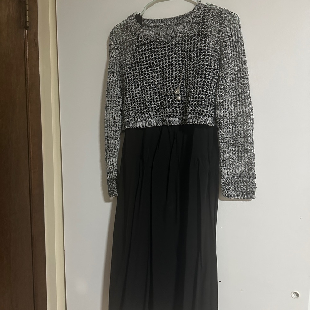 Elegant Black and Silver Mesh Midi Dress